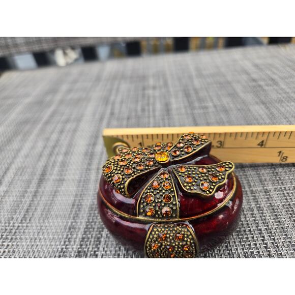 Red Vintage Amber Jeweled Oval Trinket Box Bow  Magnetic Closure - Picture 10 of 11
